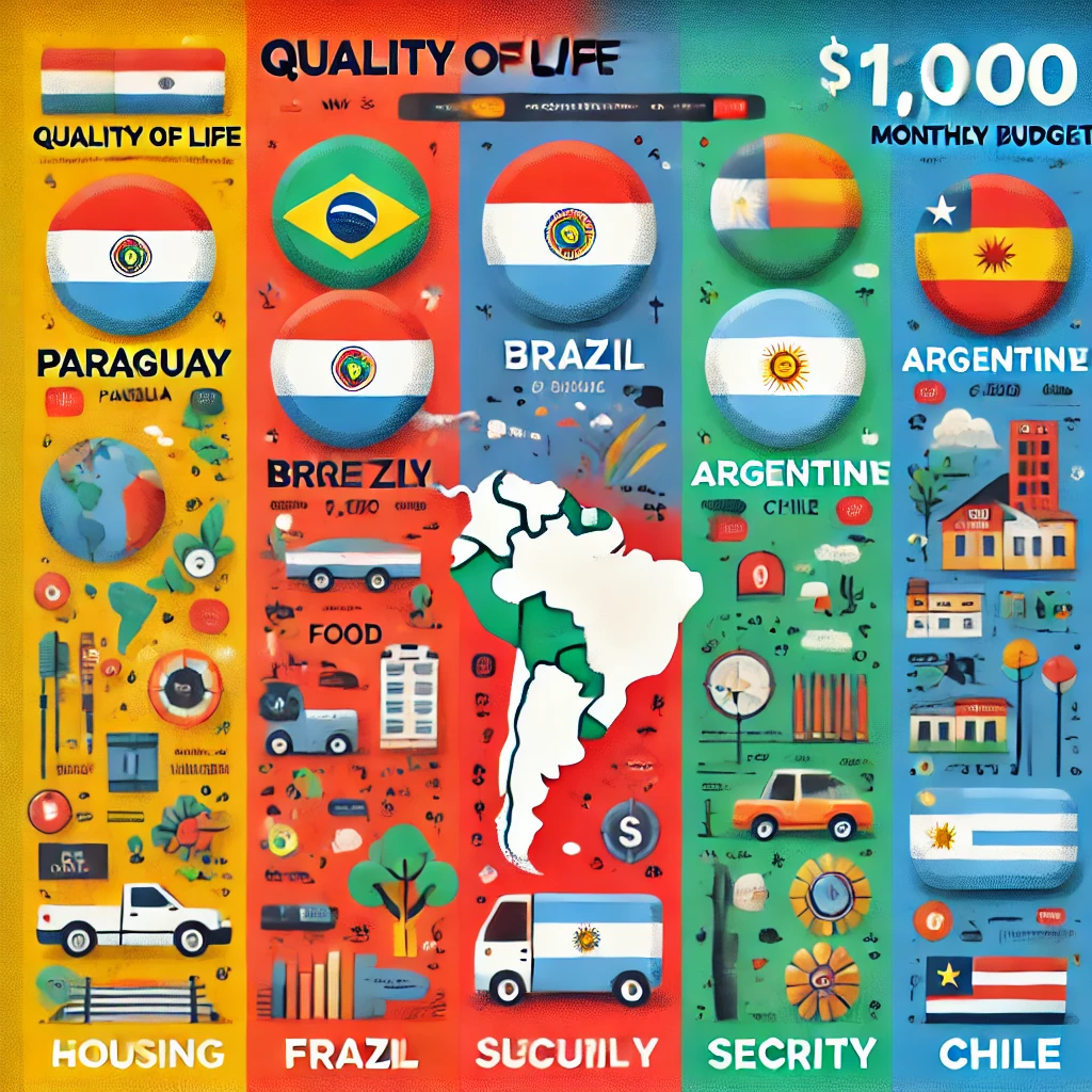 DALL·E 2024-10-27 11.43.26 - A colorful, easy-to-read infographic comparing quality of life with a $1,000 monthly budget across five South American countries_ Paraguay, Brazil, Ar