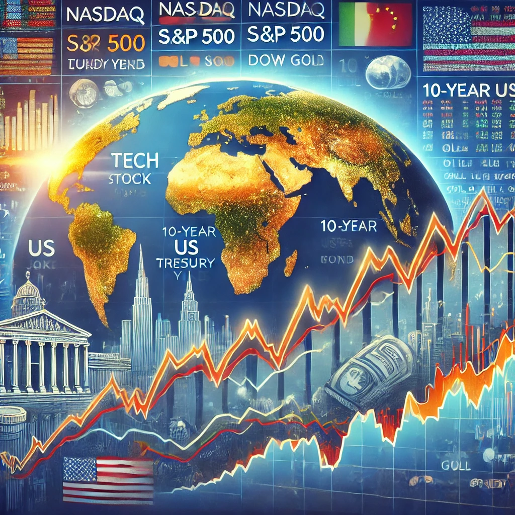 DALL·E 2024-10-28 13.55.48 - A financial market chart illustrating global market trends. The chart should show upward trends in US tech stock futures (Nasdaq, S&P 500), contrastin