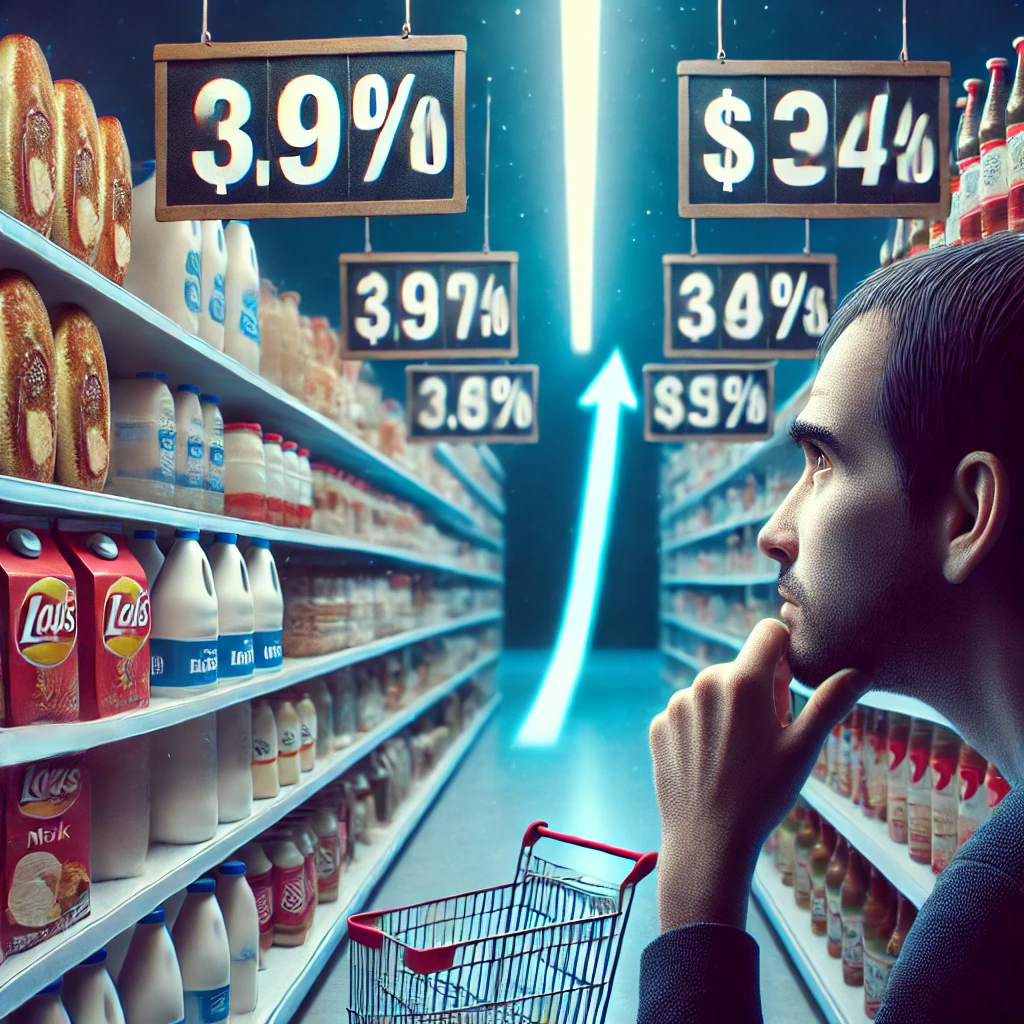 DALL·E 2025-01-31 20.24.38 - A realistic image depicting inflation in Argentina. The scene shows a supermarket aisle with price tags increasing, symbolizing inflation. A concerned